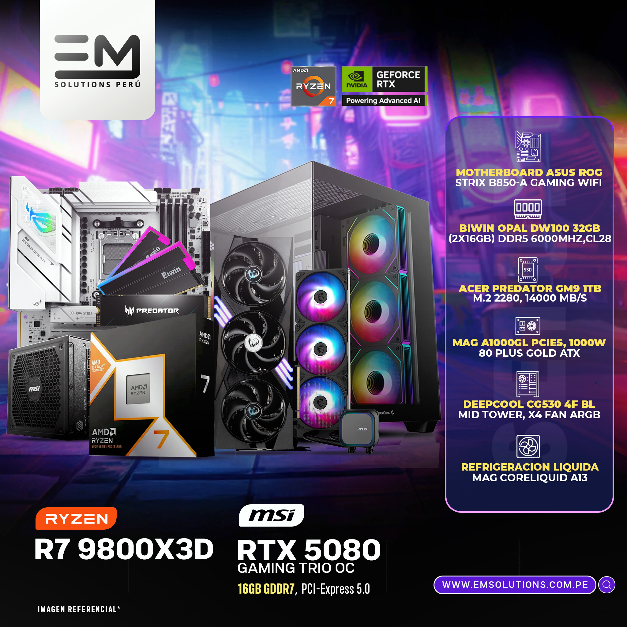 9800X3D + 5080 PC Build #261 Ryzen 7 9800X3D + RTX 5080 GAMING TRIO OC | 32GB RAM | 1TB SSD | 1000W - Imagen 1