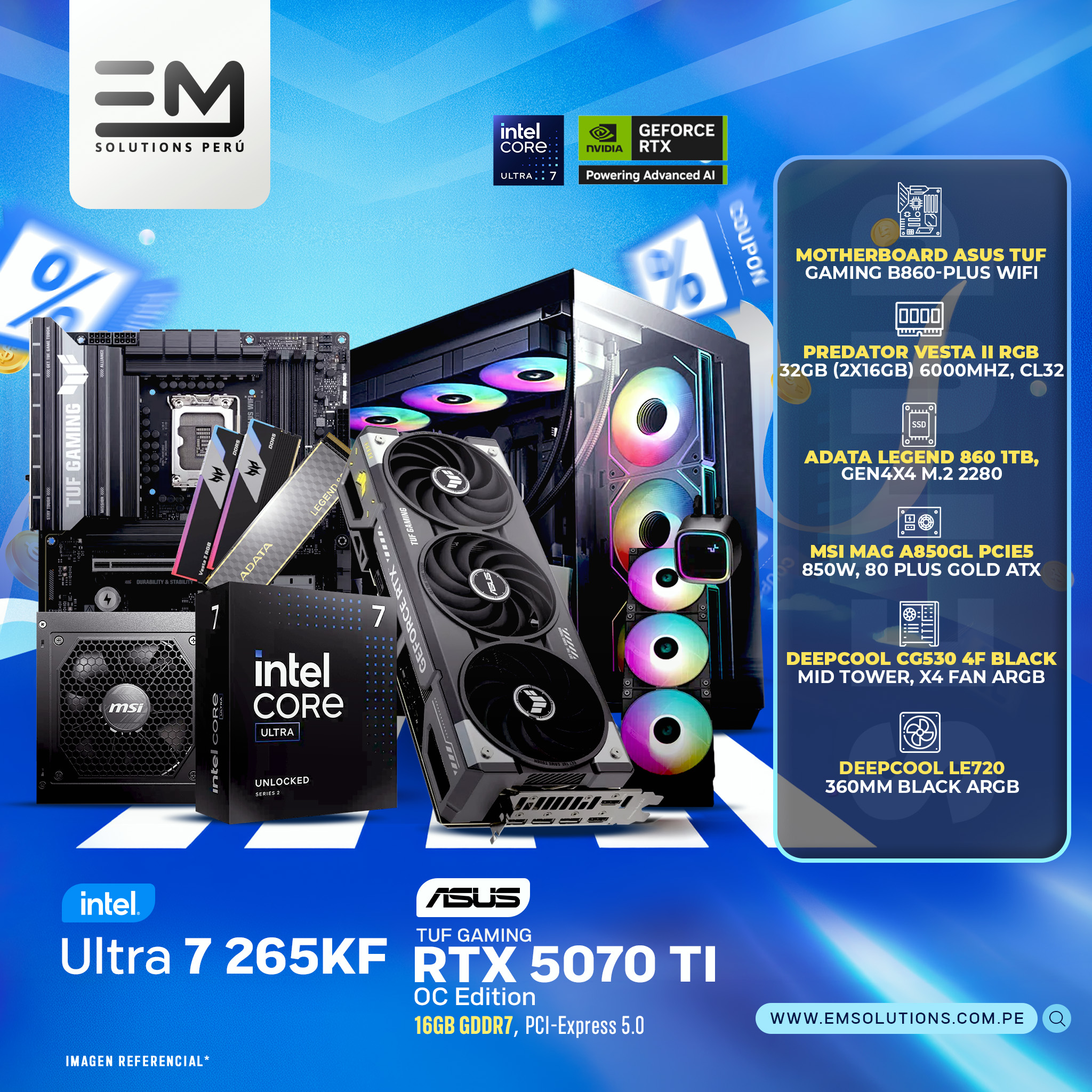 265KF + 5070 TI PC Build #278 Ultra 7 265KF + RTX 5070 TI TUF GAMING OC | 32GB RAM | 1TB SSD | 850W - Imagen 1