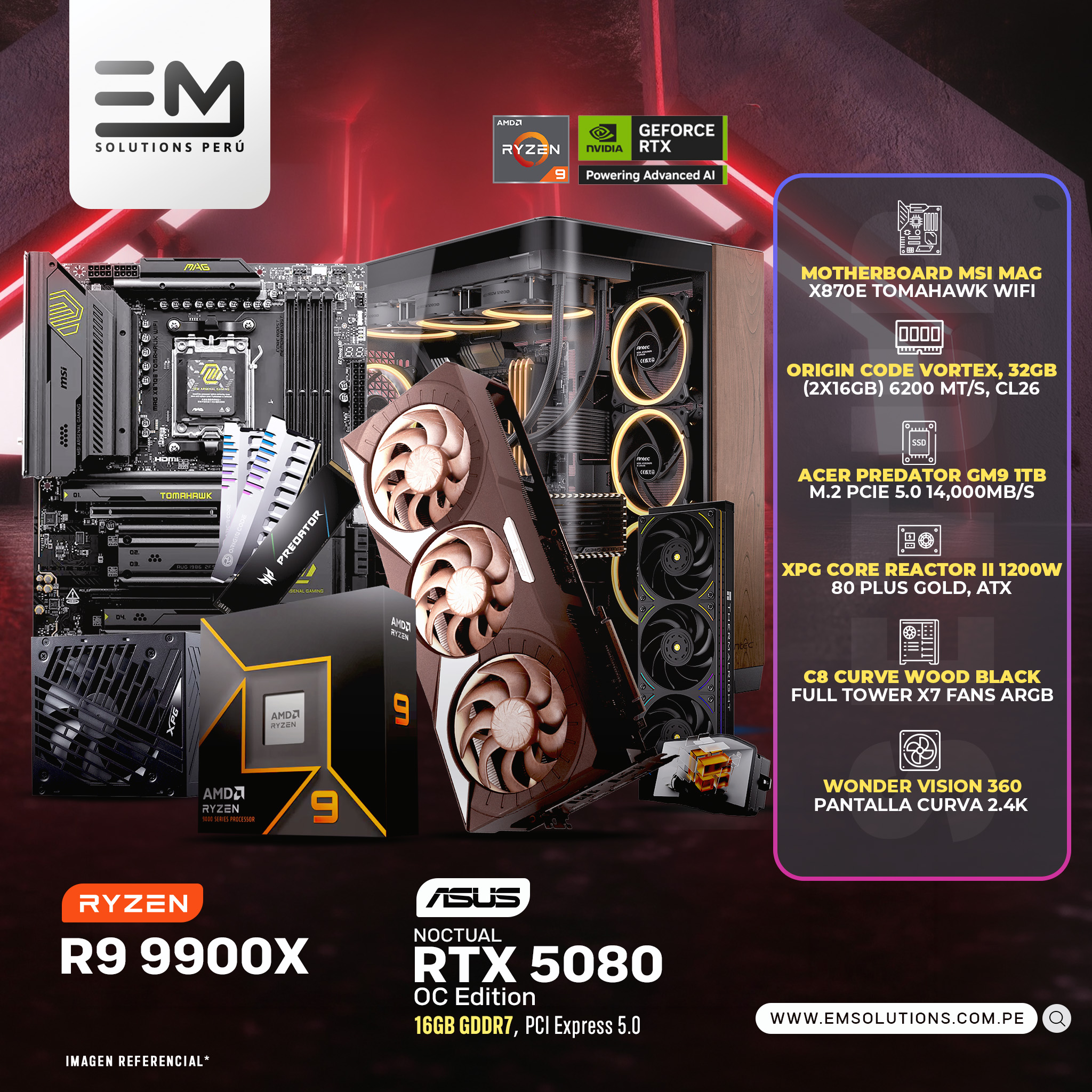 9 9900X + 5080 PC Build #279 Ryzen 9 9900X + RTX 5080 NOCTUA OC | 32GB RAM | 1TB SSD | 1200W - Imagen 1