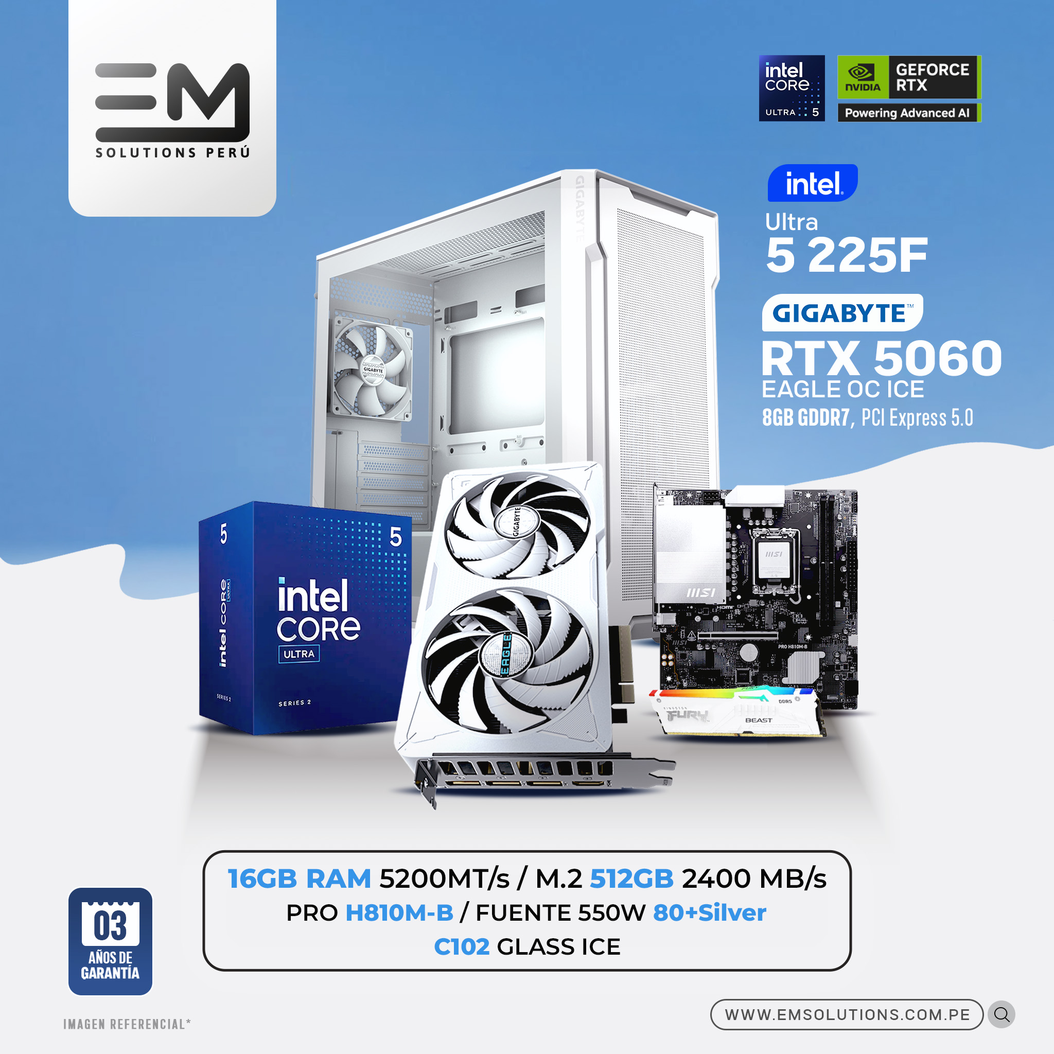 5 225F + RTX 5060 PC Build #285 Ultra 5 225F + RTX 5060 EAGLE ICE OC | 16GB RAM | 512GB SSD | 550W - Imagen 1