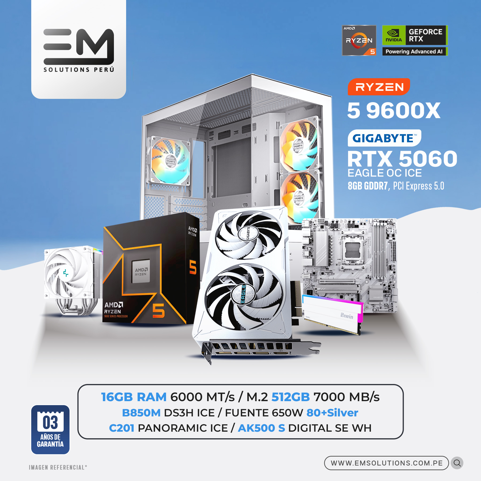 9600X + RTX5060 PC Build #287 Ryzen 5 9600X + RTX 5060 EAGLE ICE OC | 16GB RAM | 512GB SSD | 650W - Imagen 1