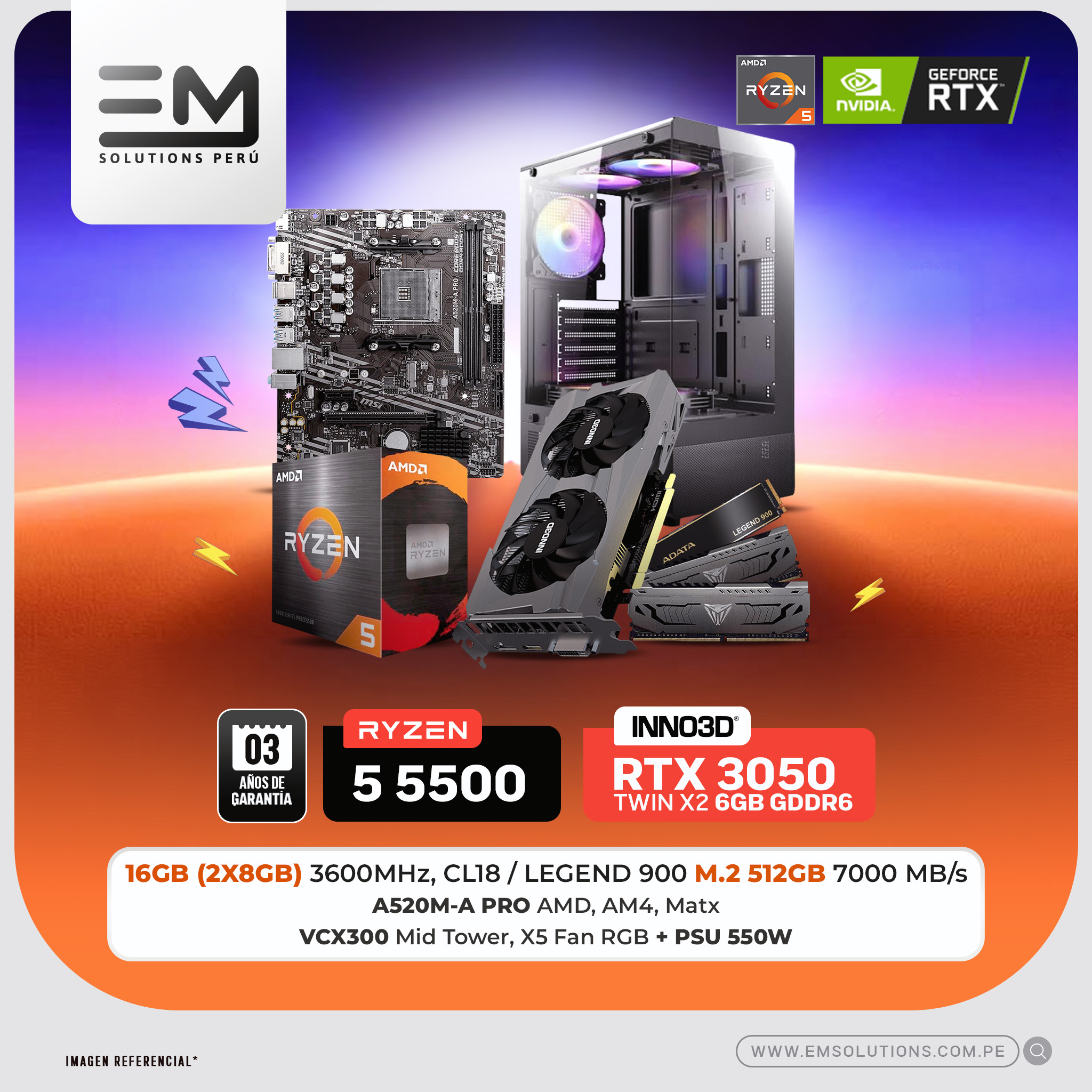 3050 PC Build #338 Ryzen 5 5500 + RTX 3050 TWIN X2 OC | 16 RAM | 512GB SSD | 550W - Imagen 1