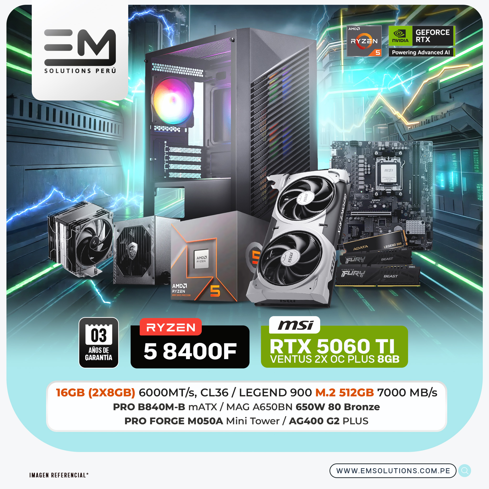 build 16.09.03 PC Build #345 Ryzen 5 8400F + RTX 5060 TI VENTUS 2X PLUS OC | 16 RAM | 512GB SSD | 650W - Imagen 1