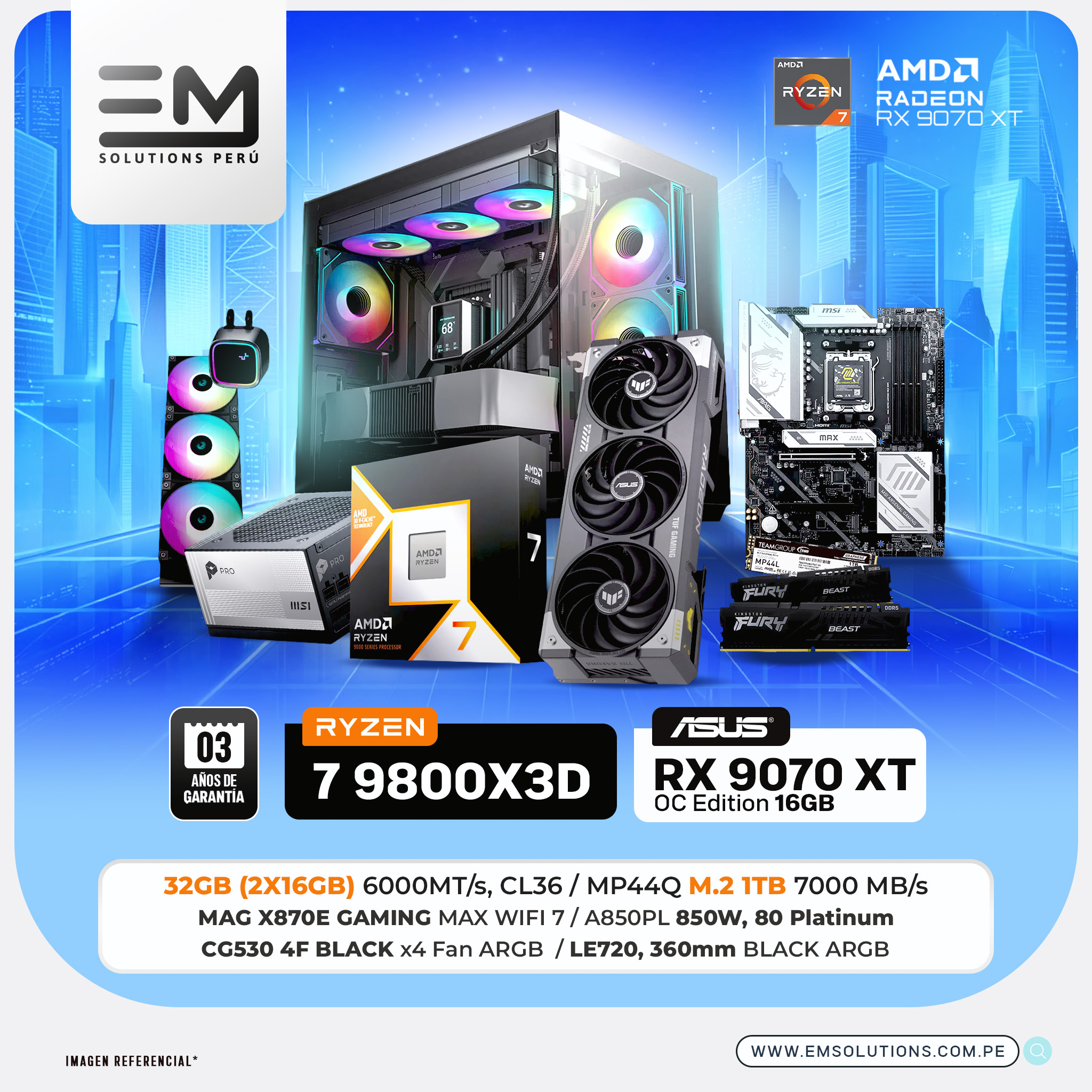 build 16.09.07 PC Build #349 Ryzen 7 9800X3D + RX 9070 XT TUF GAMING OC | 32 RAM | 1TB SSD | 850W - Imagen 1